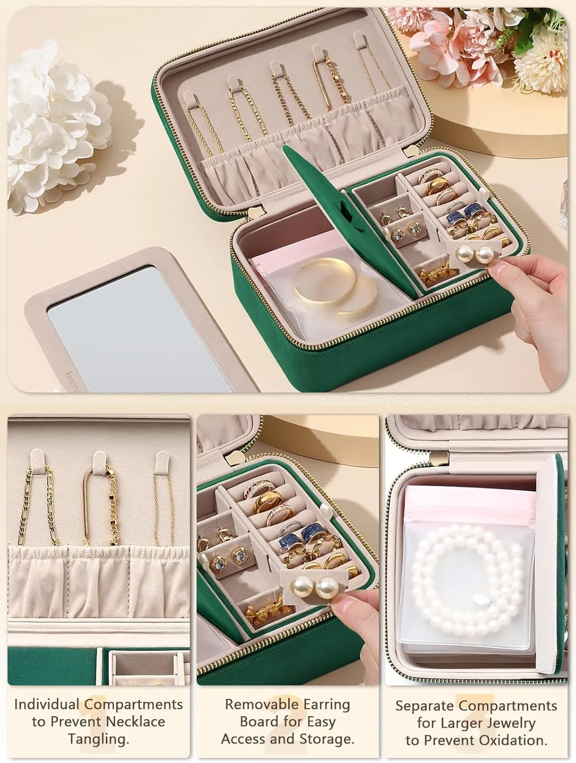 Velvet Travel Jewelry Box with Large Mirror, Double-Layer Jewelry Organizer Case for Women and Girls, Portable Storage Case with 6 Anti-Tarnish Bags Gift Ready for Her (Emerald Green)