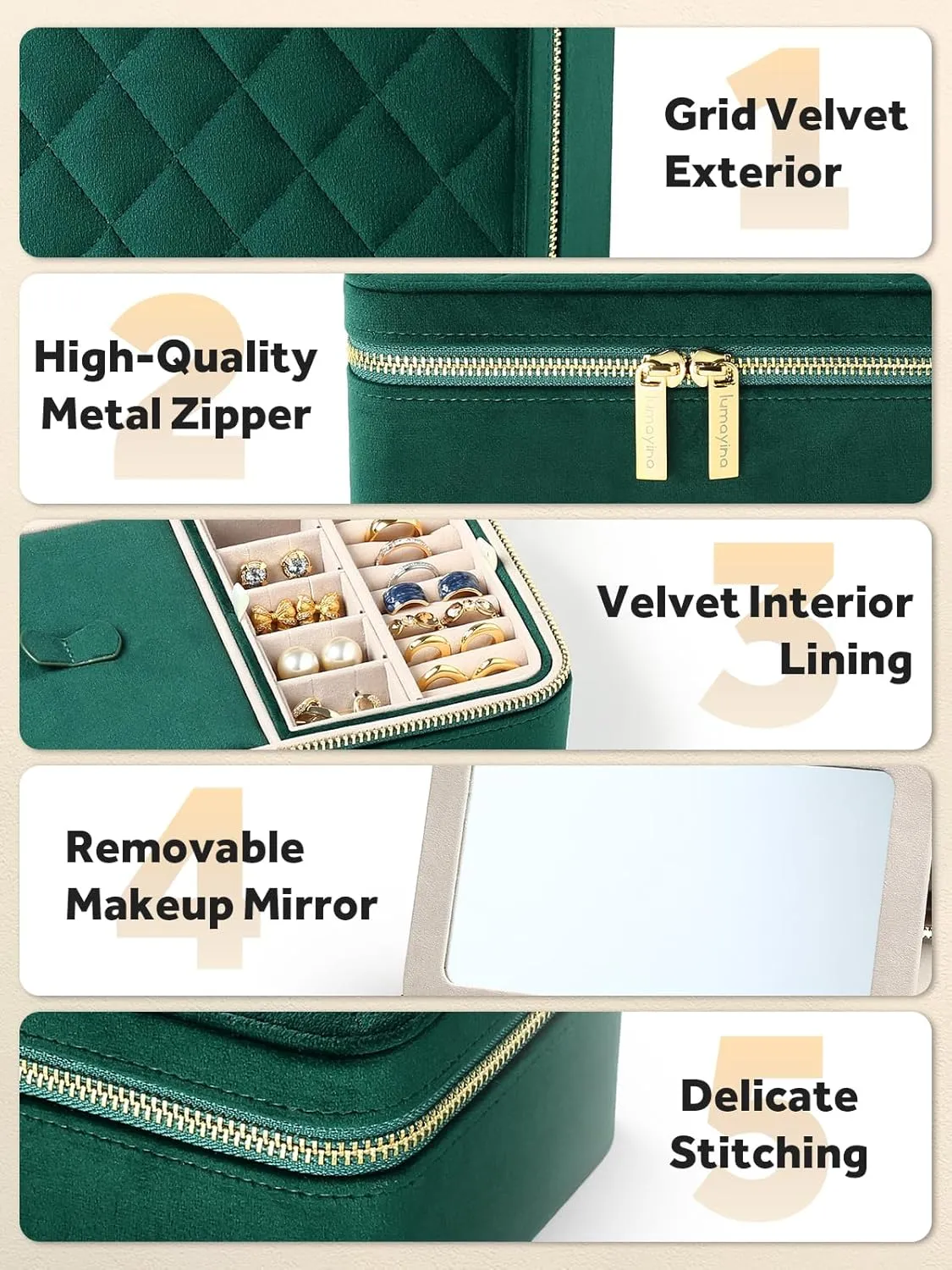 Velvet Travel Jewelry Box with Large Mirror, Double-Layer Jewelry Organizer Case for Women and Girls, Portable Storage Case with 6 Anti-Tarnish Bags Gift Ready for Her (Emerald Green)