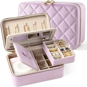 Velvet Travel Jewelry Box with Large Mirror, Double-Layer Jewelry Organizer Case for Women and Girls, Portable Storage Case with 6 Anti-Tarnish Bags Gift Ready for Her (Lavender)