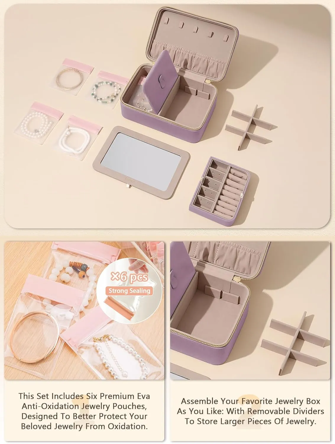 Velvet Travel Jewelry Box with Large Mirror, Double-Layer Jewelry Organizer Case for Women and Girls, Portable Storage Case with 6 Anti-Tarnish Bags Gift Ready for Her (Lavender)