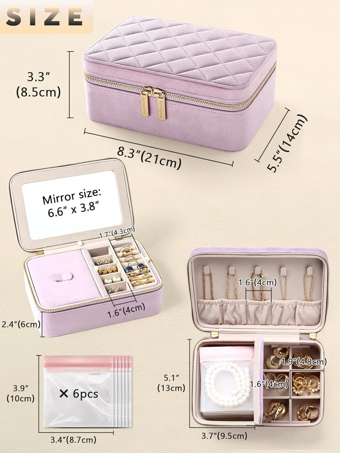 Velvet Travel Jewelry Box with Large Mirror, Double-Layer Jewelry Organizer Case for Women and Girls, Portable Storage Case with 6 Anti-Tarnish Bags Gift Ready for Her (Lavender)