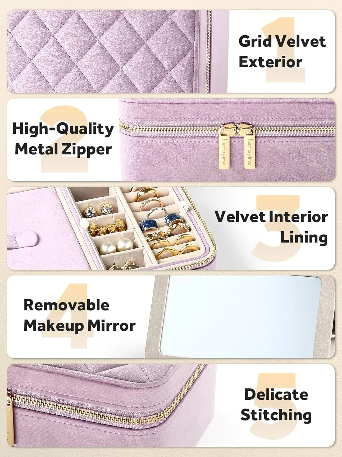 Velvet Travel Jewelry Box with Large Mirror, Double-Layer Jewelry Organizer Case for Women and Girls, Portable Storage Case with 6 Anti-Tarnish Bags Gift Ready for Her (Lavender)