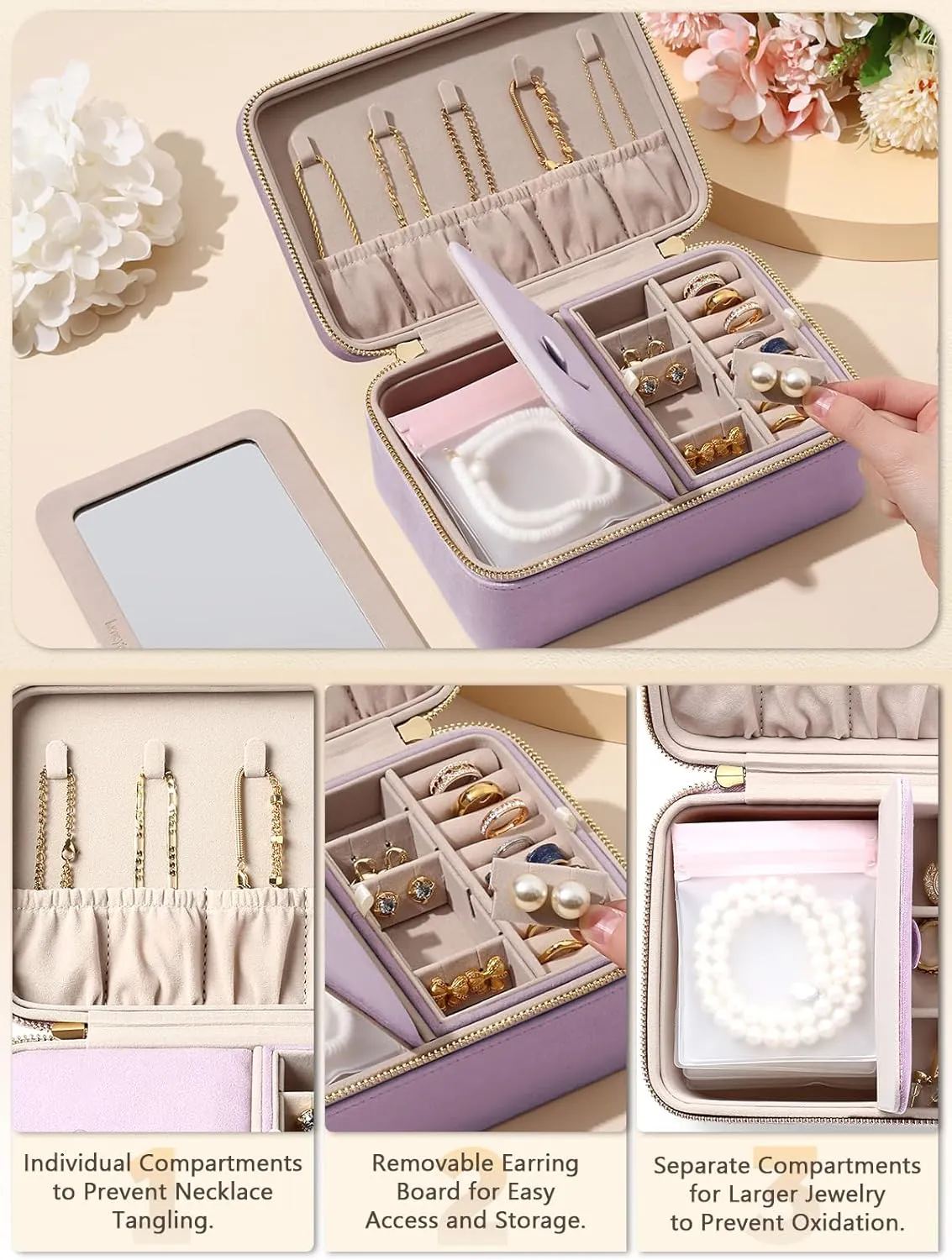 Velvet Travel Jewelry Box with Large Mirror, Double-Layer Jewelry Organizer Case for Women and Girls, Portable Storage Case with 6 Anti-Tarnish Bags Gift Ready for Her (Lavender)