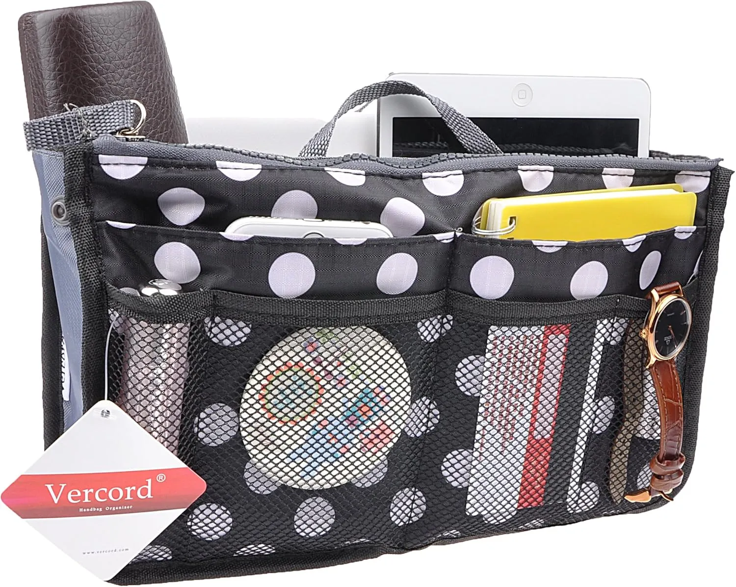 Vercord Purse Organizer Insert for Handbags Bag Organizers Inside Tote Pocketbook Women Nurse Nylon 13 Pockets Black Dot Medium
