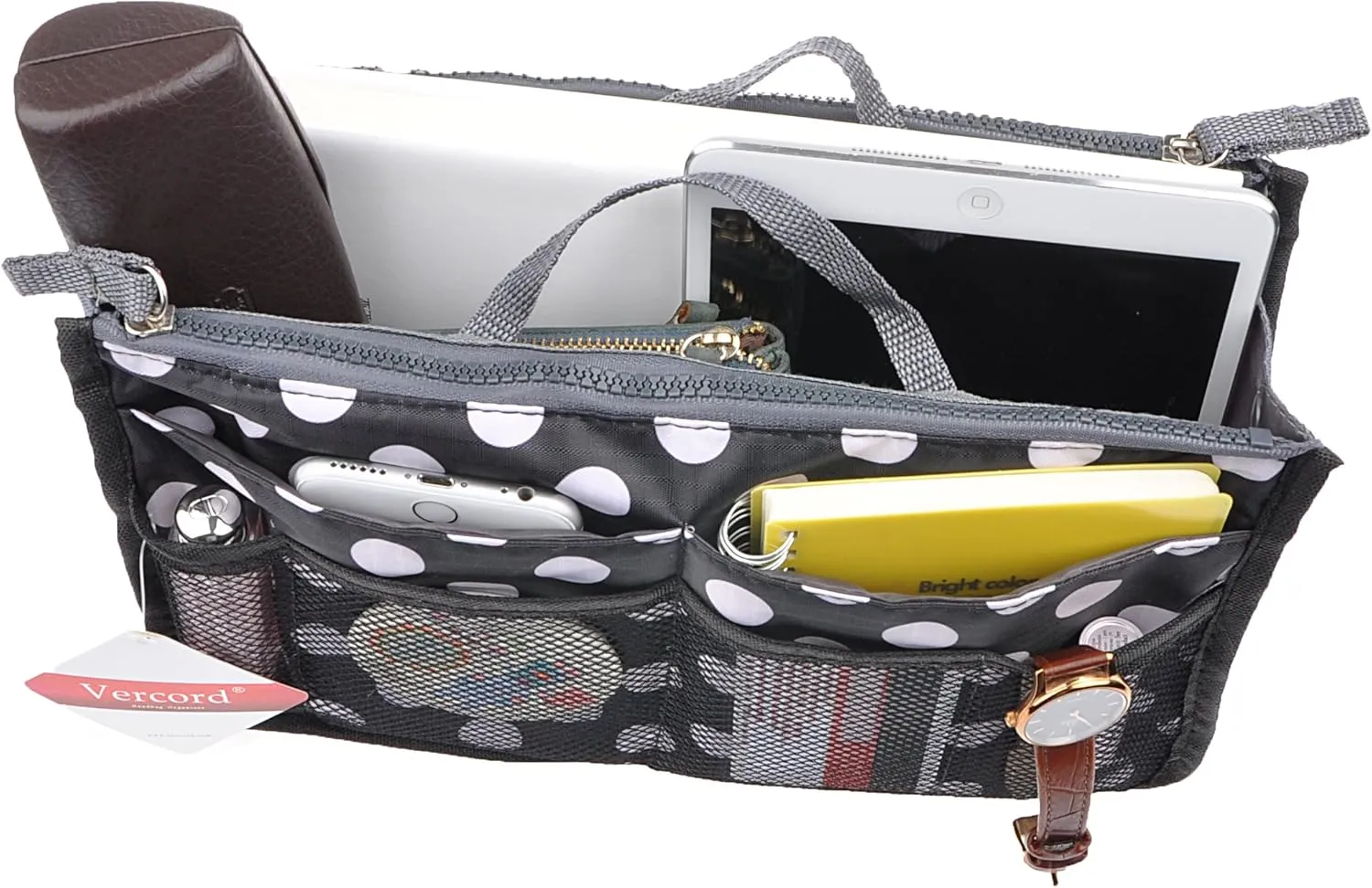 Vercord Purse Organizer Insert for Handbags Bag Organizers Inside Tote Pocketbook Women Nurse Nylon 13 Pockets Black Dot Medium