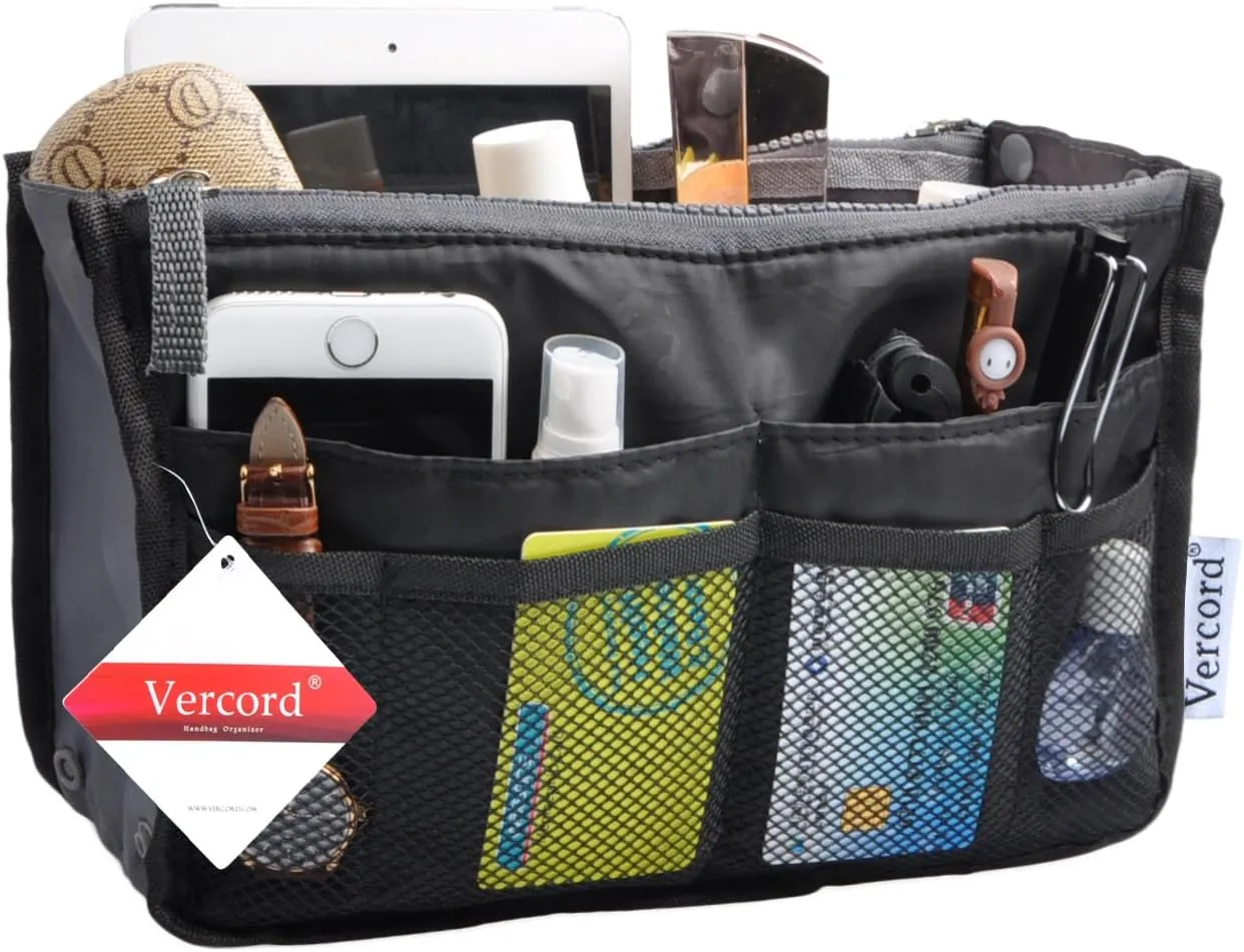 Vercord Purse Organizer Insert for Handbags Bag Organizers Inside Tote Pocketbook Women Nurse Nylon 13 Pockets Black Medium