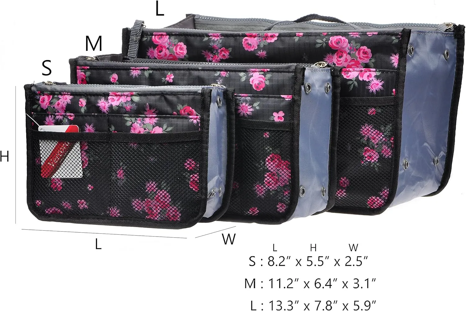 Vercord Purse Organizer Insert for Handbags Bag Organizers Inside Tote Pocketbook Women Nurse Nylon 13 Pockets Black Red Flower Medium