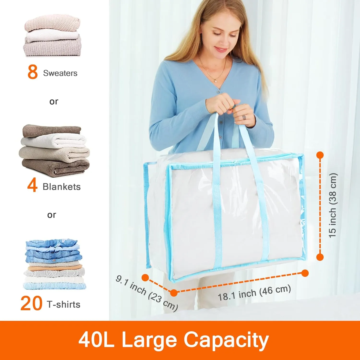 Vieshful 4 Pack Clear Clothes Storage Bag, 40L Zippered Closet Organizer, Plastic Storage Containers Moving bags for Comforter, Blanket, Bedding, Duvet, Toys (Blue)