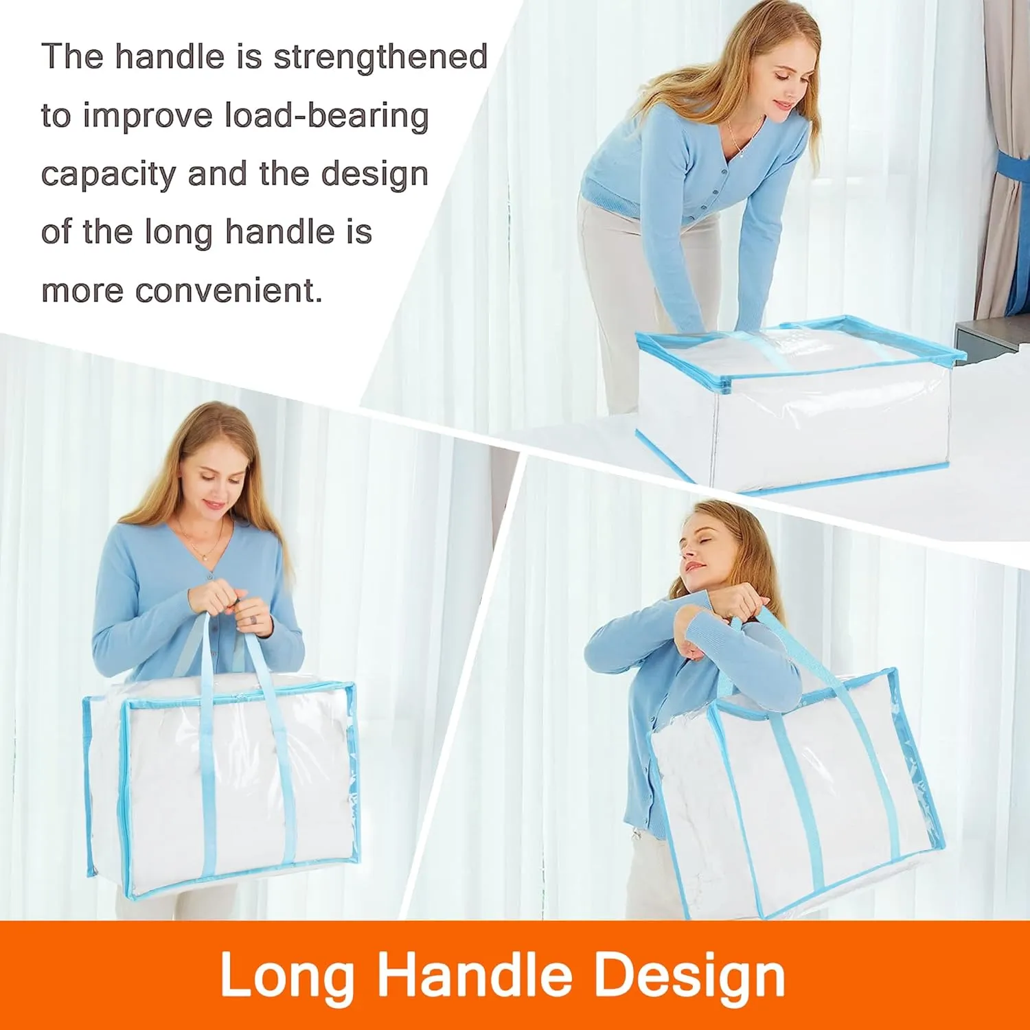 Vieshful 4 Pack Clear Clothes Storage Bag, 40L Zippered Closet Organizer, Plastic Storage Containers Moving bags for Comforter, Blanket, Bedding, Duvet, Toys (Blue)