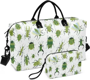 VIGTRO Travel Duffel Bag Weekender Overnight Bag with Toiletry Bag Green Insects Beetles Printed, Carry On Luggage Bag for Hospital Gym Travel Business, 2 Pcs Set