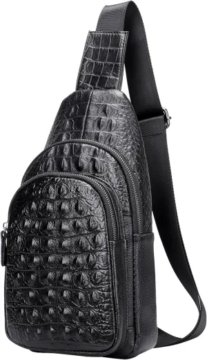 Vintage Crocodile Pattern Leather Sling Bag for Men, Genuine Leather Sling Backpack Casual Daypack Crossbody Shoulder Bags