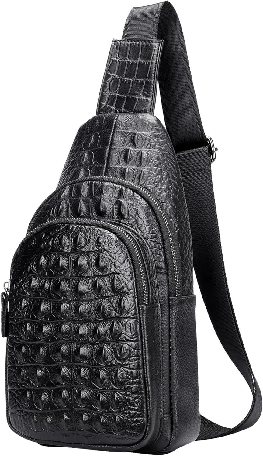 Vintage Crocodile Pattern Leather Sling Bag for Men, Genuine Leather Sling Backpack Casual Daypack Crossbody Shoulder Bags