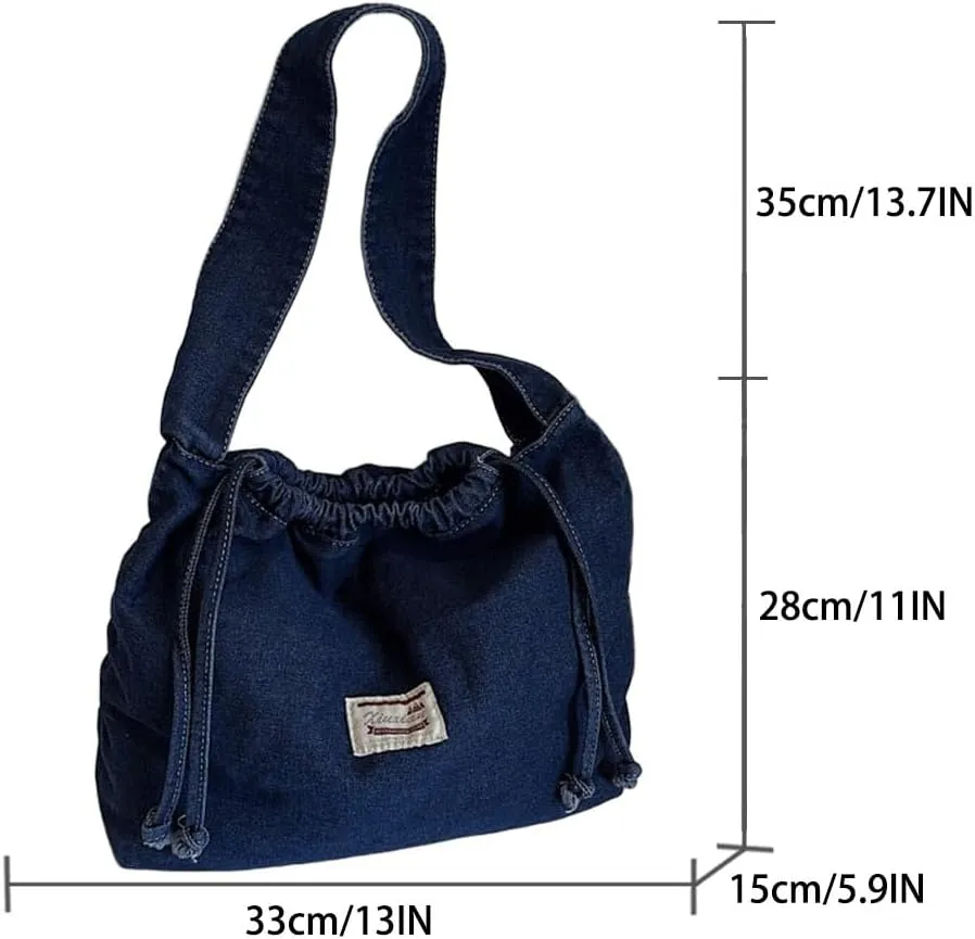 Vintage Denim Tote Bag - Drawstring Crossbody Purse, Retro Washed Canvas Shoulder Handbag