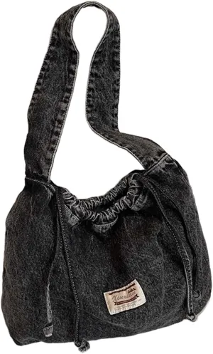 Vintage Denim Tote Bag - Drawstring Crossbody Purse, Retro Washed Canvas Shoulder Handbag