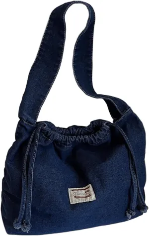 Vintage Denim Tote Bag - Drawstring Crossbody Purse, Retro Washed Canvas Shoulder Handbag