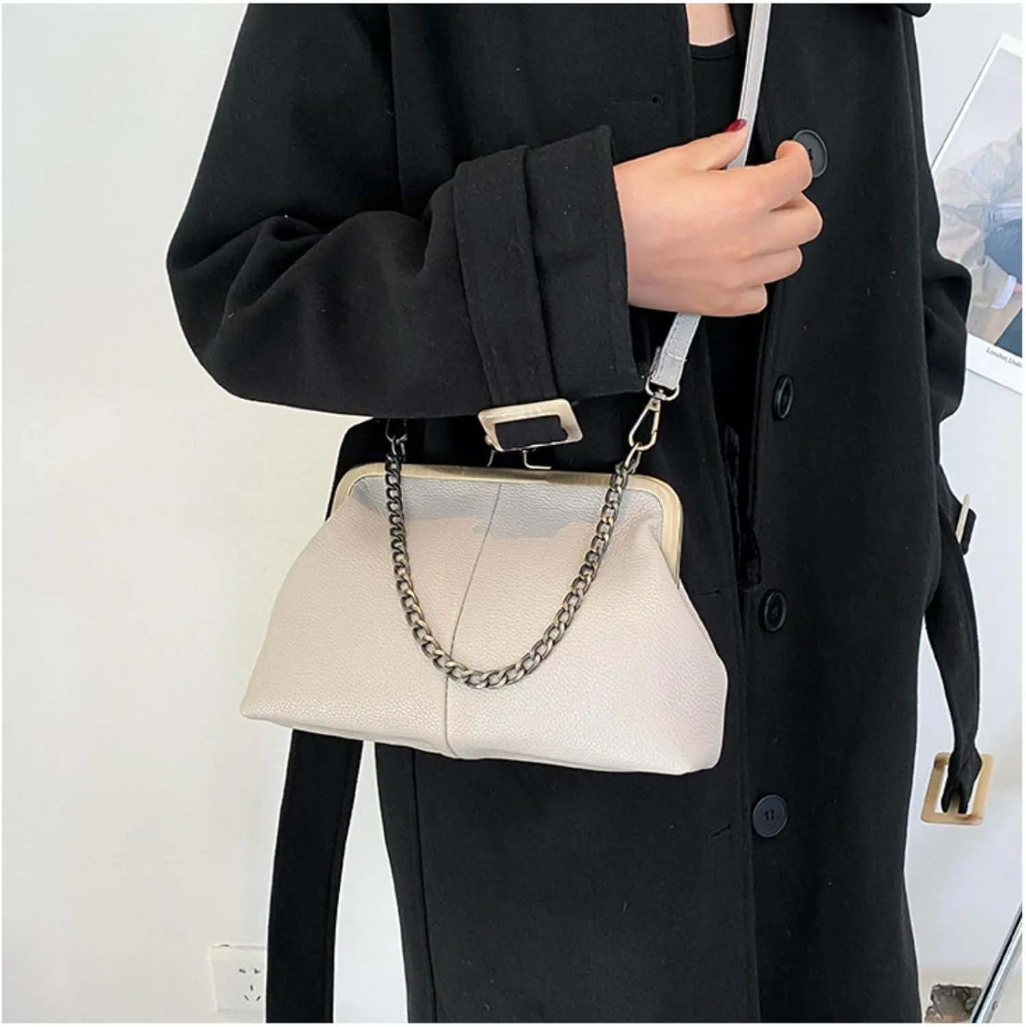 Vintage Kiss Lock Tote Women 2025 Clasp Clutch PU Leather Purse Crossbody Shoulder Bag Everyday Chic Messenger Handbag