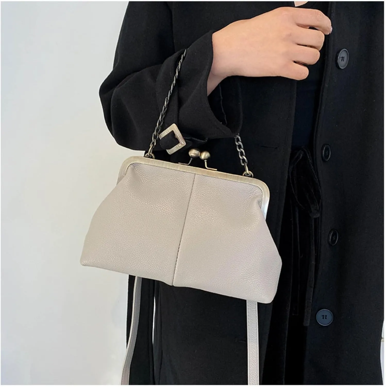 Vintage Kiss Lock Tote Women 2025 Clasp Clutch PU Leather Purse Crossbody Shoulder Bag Everyday Chic Messenger Handbag