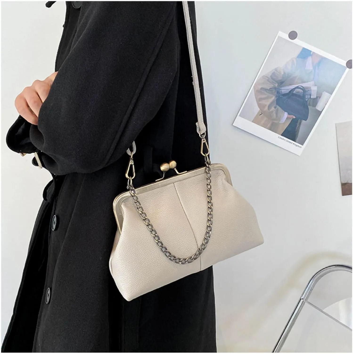 Vintage Kiss Lock Tote Women 2025 Clasp Clutch PU Leather Purse Crossbody Shoulder Bag Everyday Chic Messenger Handbag