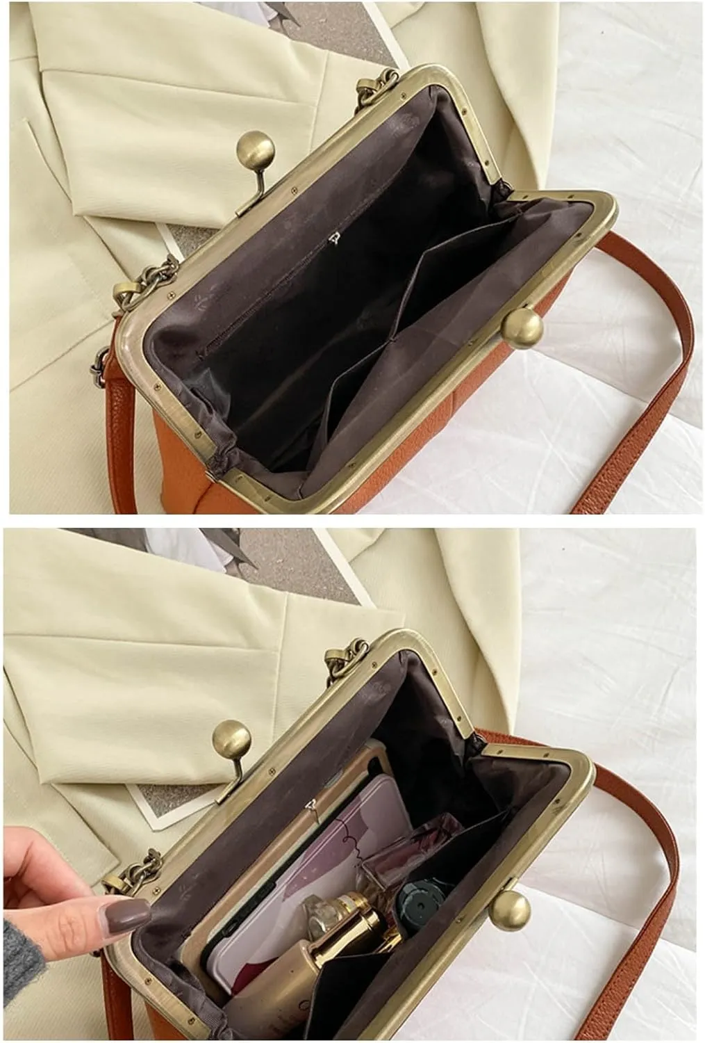 Vintage Kiss Lock Tote Women 2025 Clasp Clutch PU Leather Purse Crossbody Shoulder Bag Everyday Chic Messenger Handbag