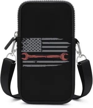 Vintage Mechanic U.S. Flag Small Cell Phone Purse Crossbody Waterproof Mini Bag Wallet with Adjustable Strap