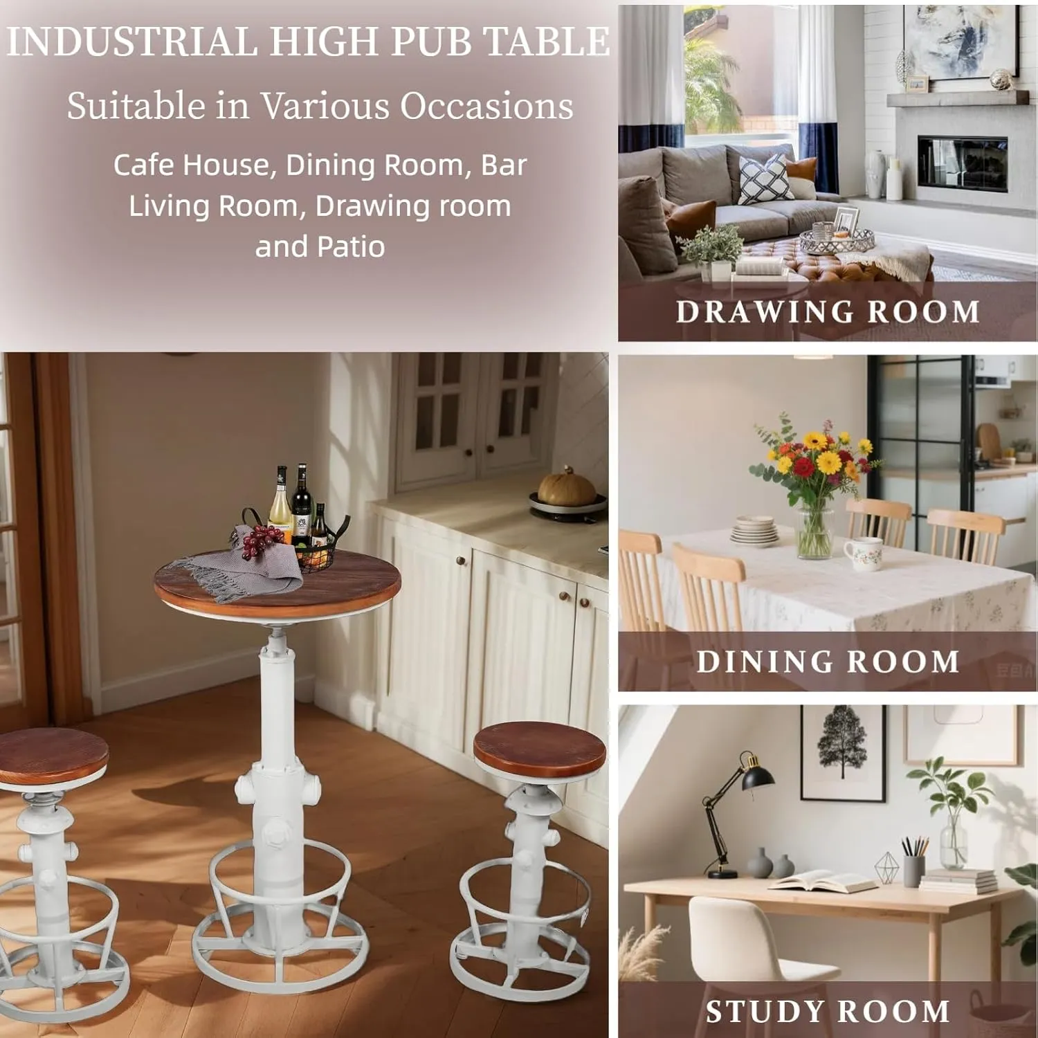 Vintage Pub Table 38.6-44.5inch Height Adjustable Industrial High Bar Table in Home Kitchen Farmhouse Cafe Table for 2-3 People Swivel Wooden Top