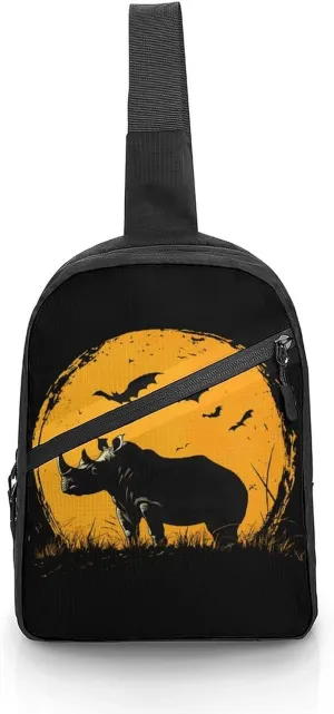 Vintage Rhinoceros Rhino Bats Moon Chest Bag Foldable Crossbody Unisex Pack Travel Hiking Adjustable Shoulder Straps Sling Bags