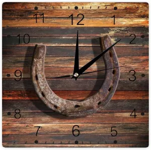 Vintgae Brown Board Horseshoe Rustic Wall Clock Good Luck Horseshoe Wooden Square Clocks Wall Decor 12Inch Battery Operated Home Decorative Silent Clock for Living Room