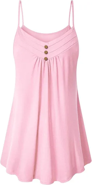 Viracy Women's Summer Button V Neck Pleated Spaghetti Strap Camisole Tank Tops (M-3XL)