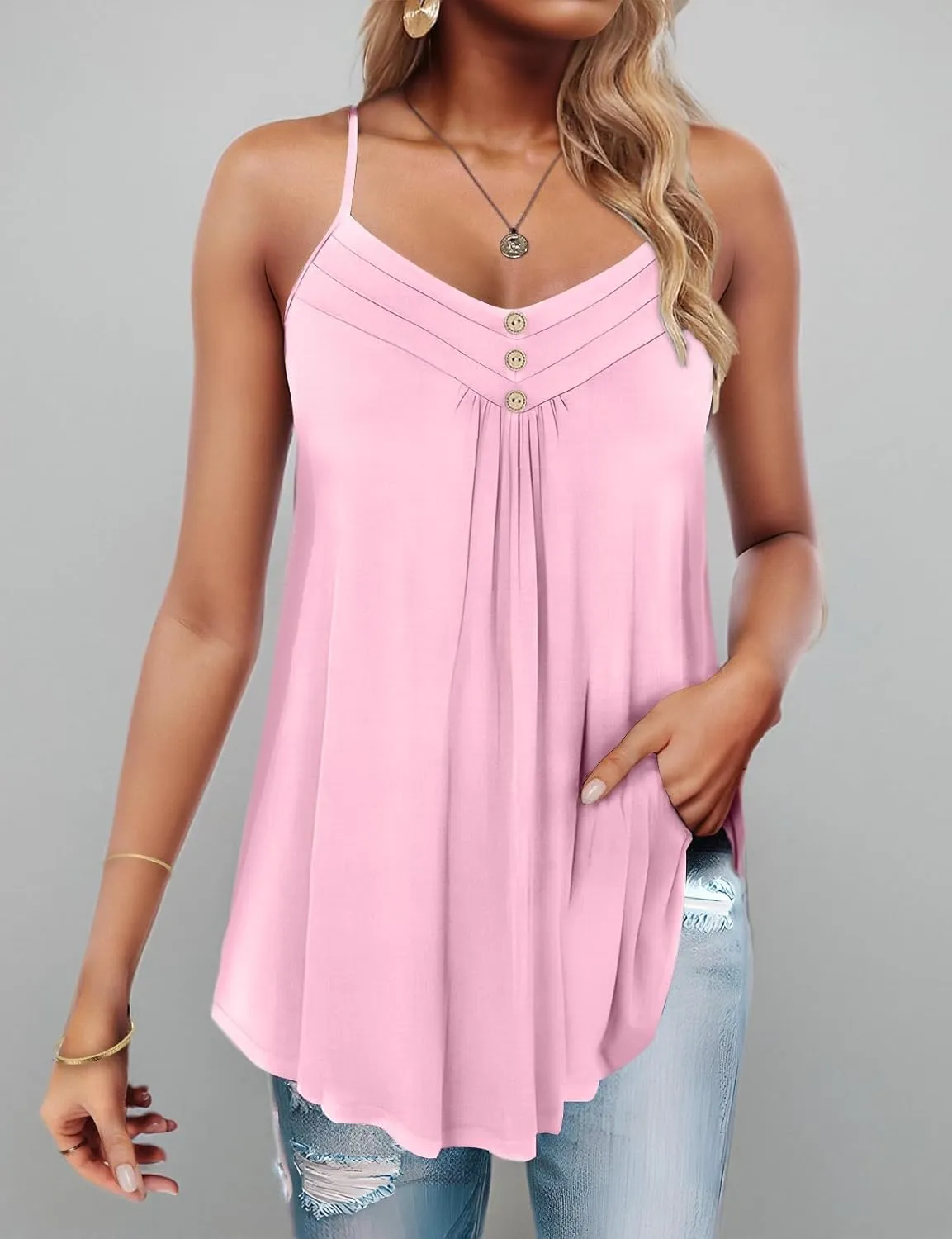 Viracy Women's Summer Button V Neck Pleated Spaghetti Strap Camisole Tank Tops (M-3XL)