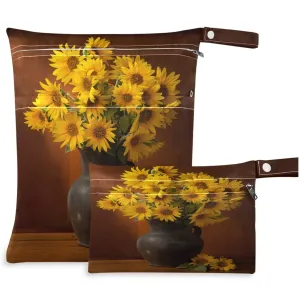 visesunny Beautiful Sunflower In Old Clay Pot Against Wooden Wall 2Pcs Wet Bag with Zippered Pockets Washable Reusable Roomy for Travel,Beach,Pool,Daycare,Stroller,Diapers,Dirty Gym Clothes, Wet Swims