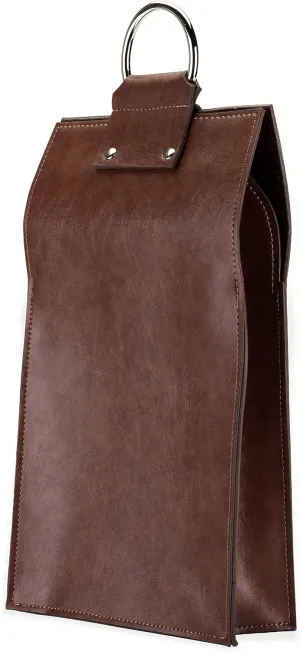 Viski Leather Wine Bag, Wine Gift Bag Faux Leather, Snap Closure, Stainless Steel Handle, Holds 2 Standard Wine Bottle, Brown, Set of 1