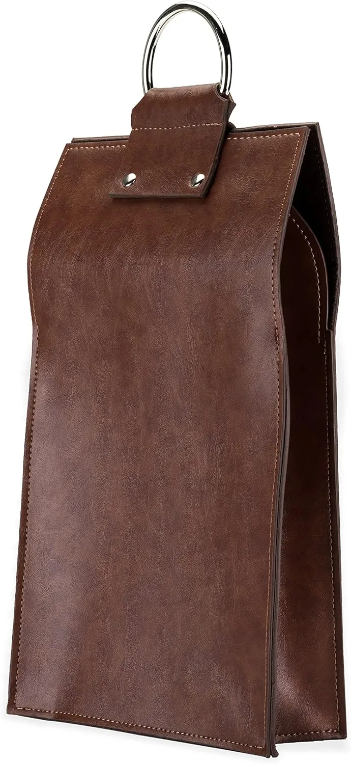 Viski Leather Wine Bag, Wine Gift Bag Faux Leather, Snap Closure, Stainless Steel Handle, Holds 2 Standard Wine Bottle, Brown, Set of 1