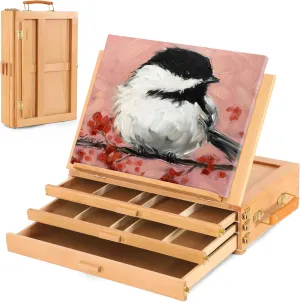 VISWIN Large Adjustable 3 Drawer Storage Box Easel, Premium Beechwood Tabletop Sketchbox, Portable Wood Artist Desktop Easel with Book Stand, Table Top Painting Easel for Adult, Artist, Student