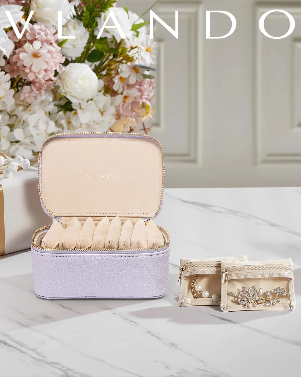 Vlando Jewelry Travel Organizer with 8 Velvet Jewelry Bags Travel Jewelry Box for Women Girls Jewelry Organizer Storage for Rings Earrings Birthday Christmas Gifts for Mom Wife Daughter-Purple