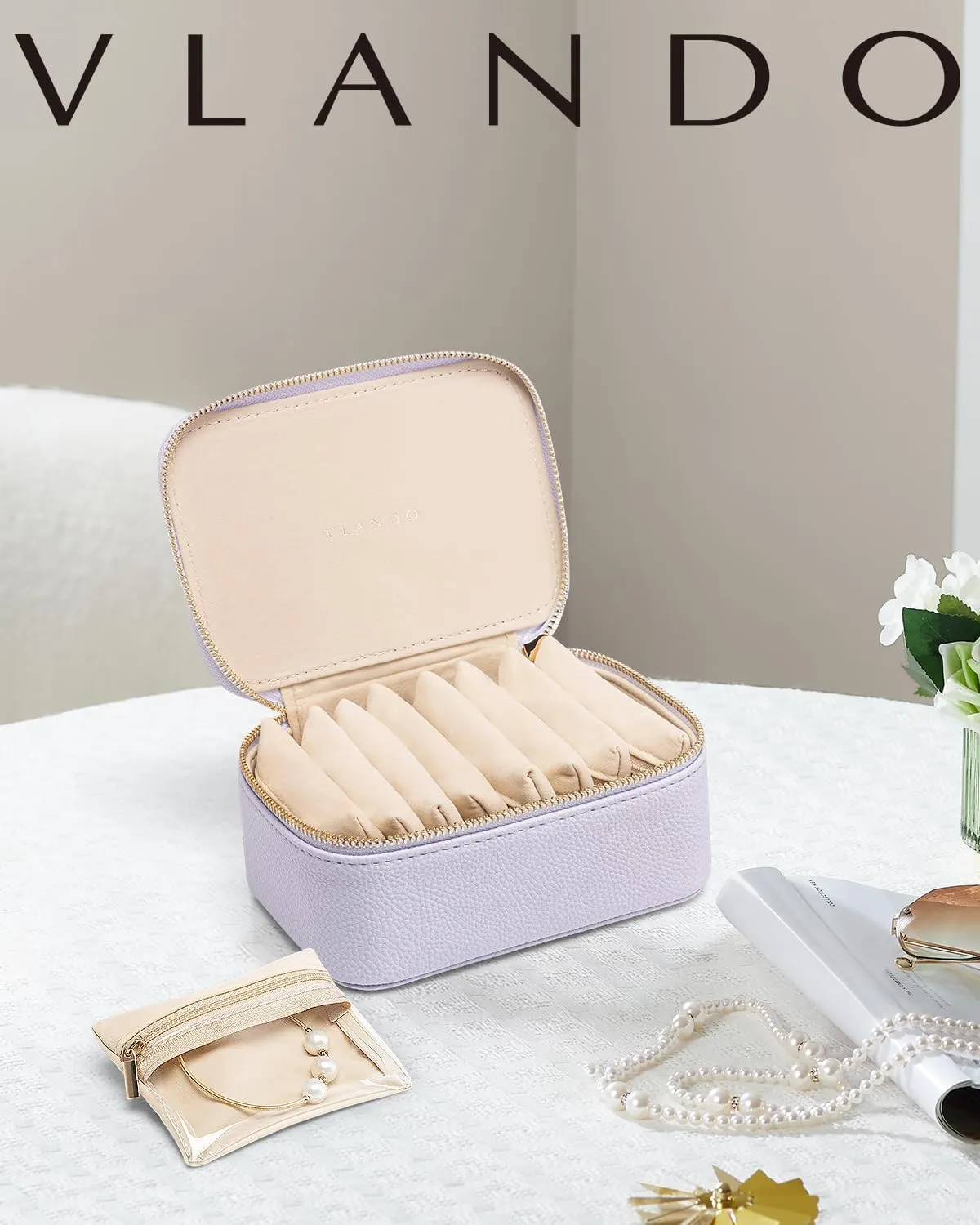 Vlando Jewelry Travel Organizer with 8 Velvet Jewelry Bags Travel Jewelry Box for Women Girls Jewelry Organizer Storage for Rings Earrings Birthday Christmas Gifts for Mom Wife Daughter-Purple