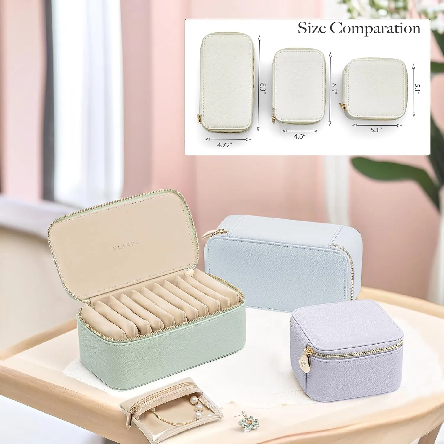 Vlando Travel Jewelry Box Organizer - 12 Small Velvet Zipped Pouches Pockets for Jewelries Necklaces Rings Earrings Sorting Storage, Baby Blue