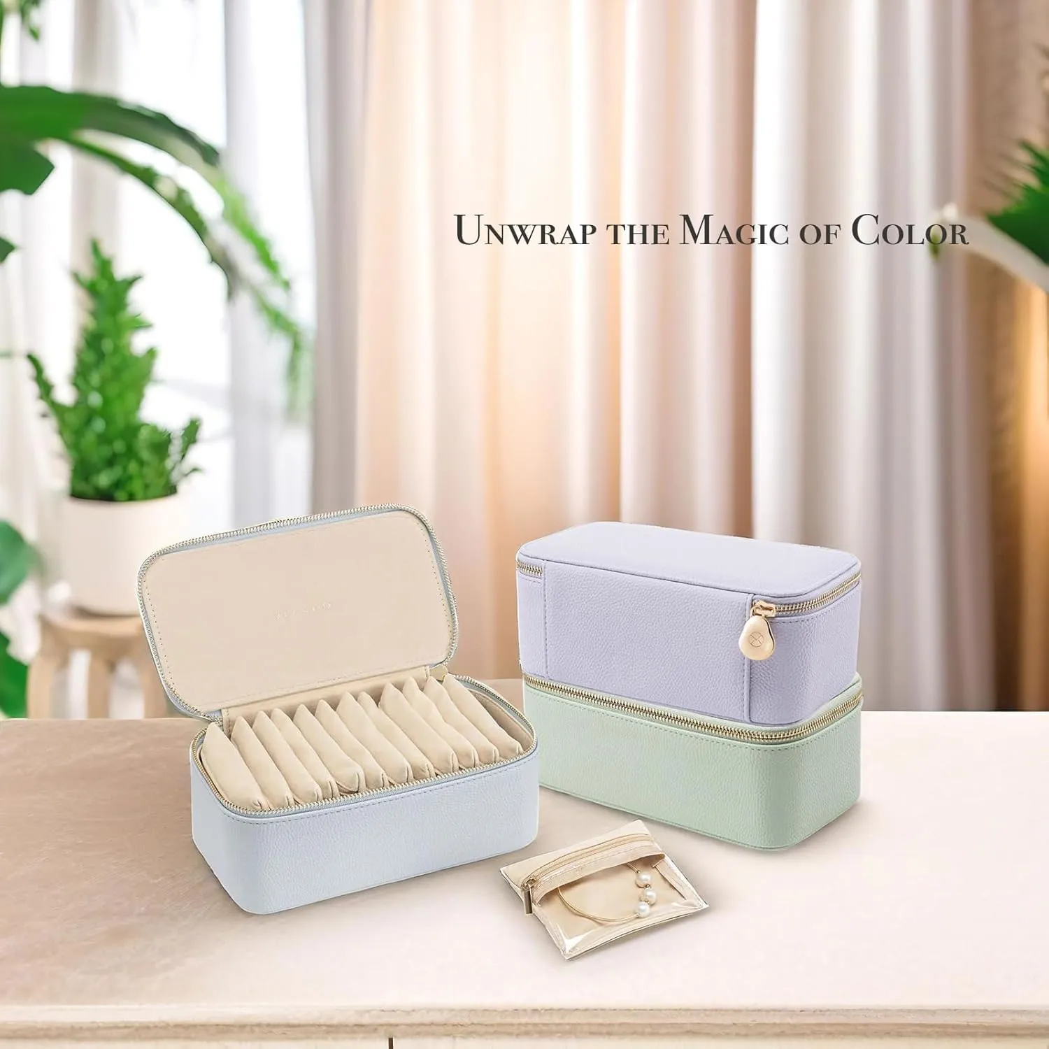 Vlando Travel Jewelry Box Organizer - 12 Small Velvet Zipped Pouches Pockets for Jewelries Necklaces Rings Earrings Sorting Storage, Baby Blue
