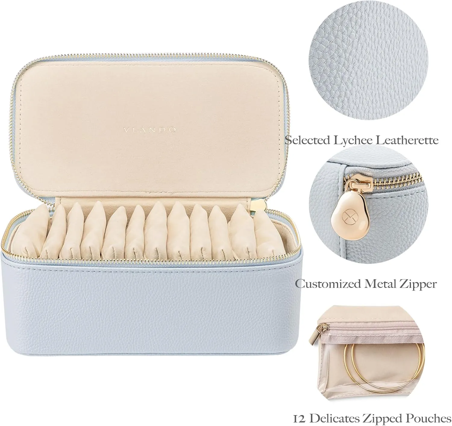 Vlando Travel Jewelry Box Organizer - 12 Small Velvet Zipped Pouches Pockets for Jewelries Necklaces Rings Earrings Sorting Storage, Baby Blue