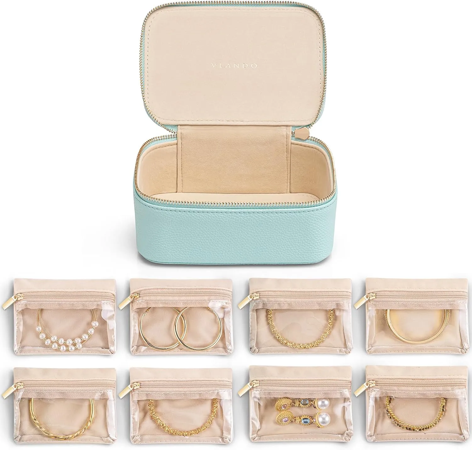 Vlando Travel Jewelry Case with 8 Velvet Jewelry Bags Travel Jewelry Box for Women Girls Jewelry Organizer Bags for Women Girls Christmas Birthday Gifts-Lake Blue