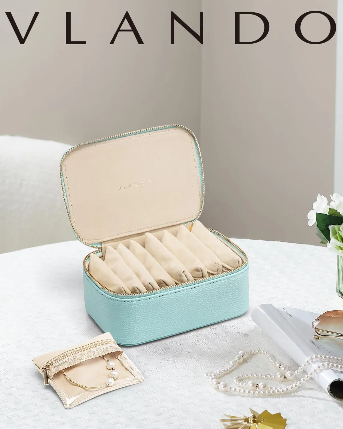 Vlando Travel Jewelry Case with 8 Velvet Jewelry Bags Travel Jewelry Box for Women Girls Jewelry Organizer Bags for Women Girls Christmas Birthday Gifts-Lake Blue