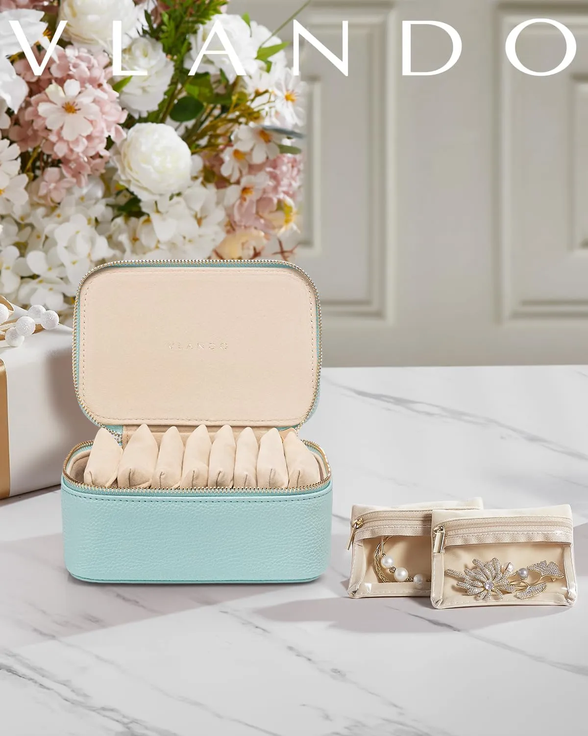 Vlando Travel Jewelry Case with 8 Velvet Jewelry Bags Travel Jewelry Box for Women Girls Jewelry Organizer Bags for Women Girls Christmas Birthday Gifts-Lake Blue