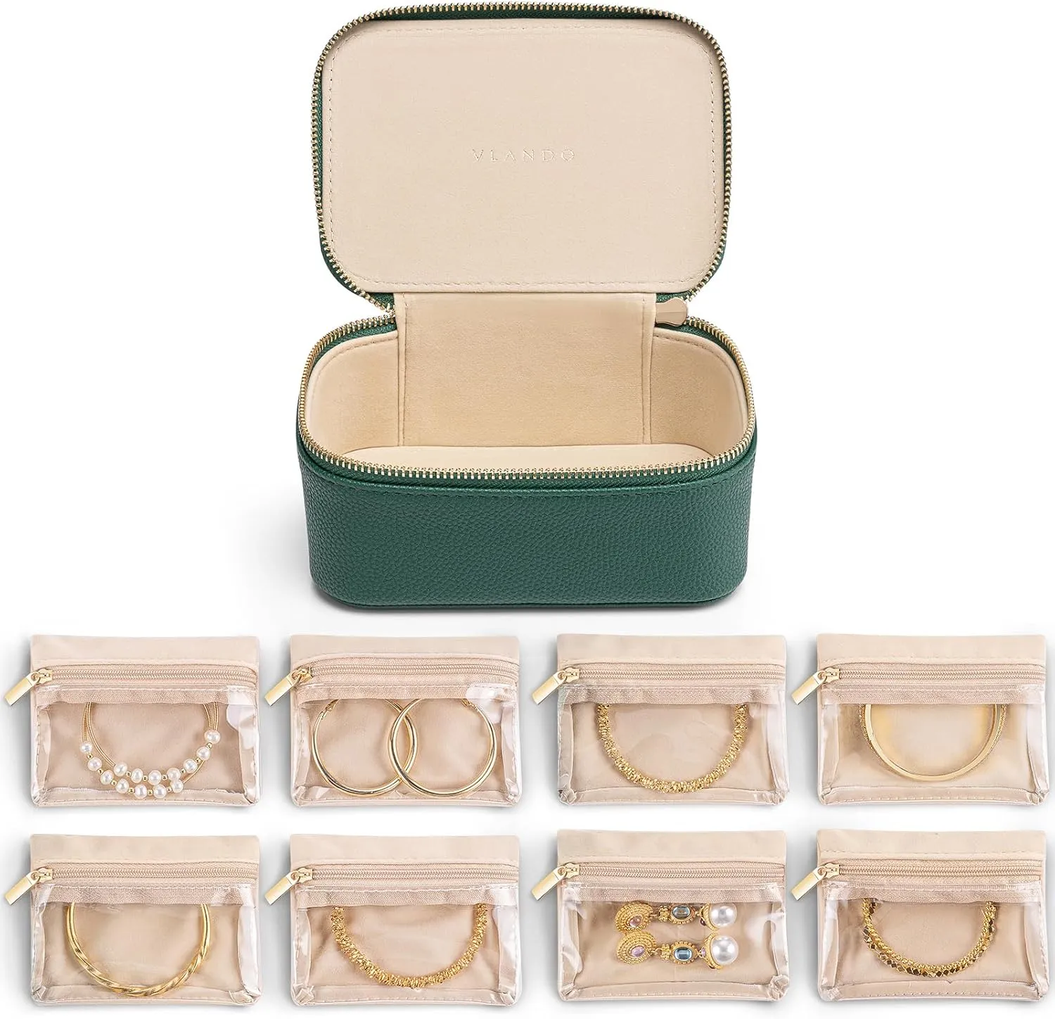 Vlando Travel Jewelry Organzier with 8 Velvet Jewelry Bags,Birthday Wedding Gift Ideas for Women Girls Friends Jewelry Case for Necklace Rings Earrings-Green