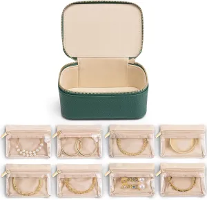Vlando Travel Jewelry Organzier with 8 Velvet Jewelry Bags,Birthday Wedding Gift Ideas for Women Girls Friends Jewelry Case for Necklace Rings Earrings-Green