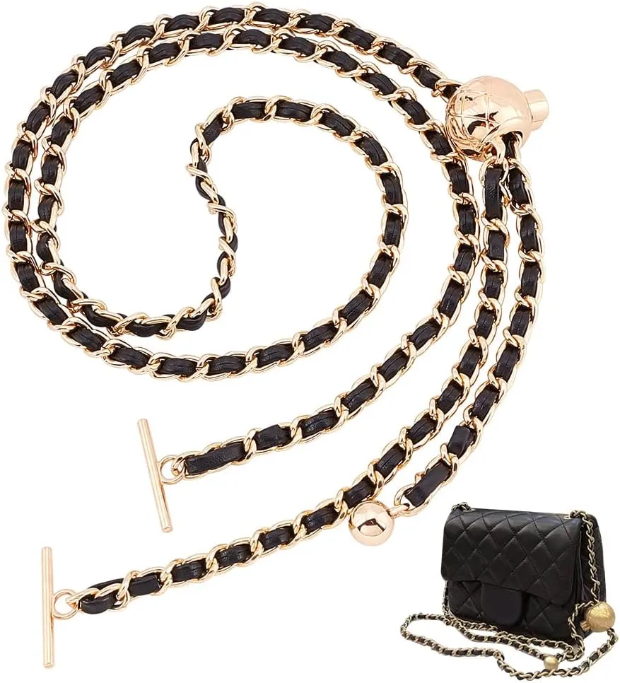 WADORN Adjustable Purse Chain Strap, 45.9 Inch PU Leather Shoulder Strap Replacement Thin Metal Crossbody Bag Chain with T-Bar Clasp Flat Handbag Chain Accessories for Clutch Bag Satchel, Black