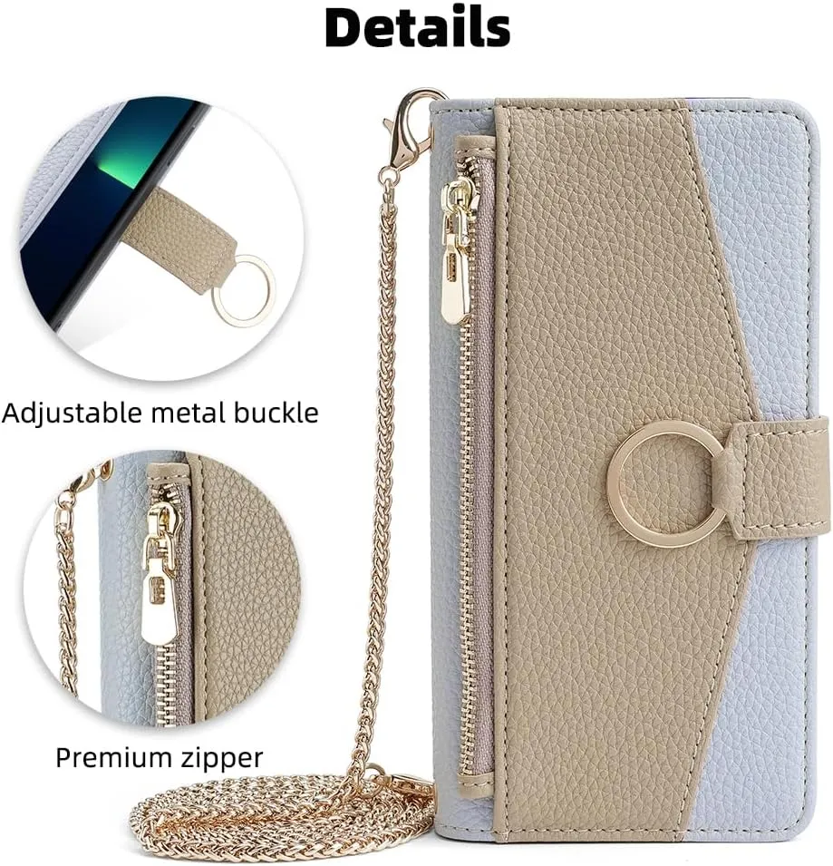 Wallet Case with Crossbody Strap Compatible for Apple iPhone 16e, Magnetic Handbag Zipper Pocket Cases PU Leather Flip Cell Phone Holster Cover with Kickstand, Blue