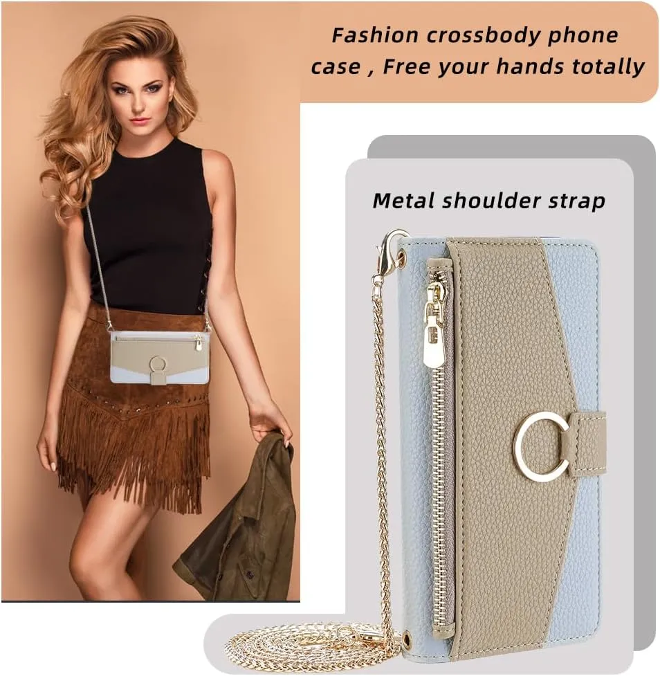 Wallet Case with Crossbody Strap Compatible for Apple iPhone 16e, Magnetic Handbag Zipper Pocket Cases PU Leather Flip Cell Phone Holster Cover with Kickstand, Blue