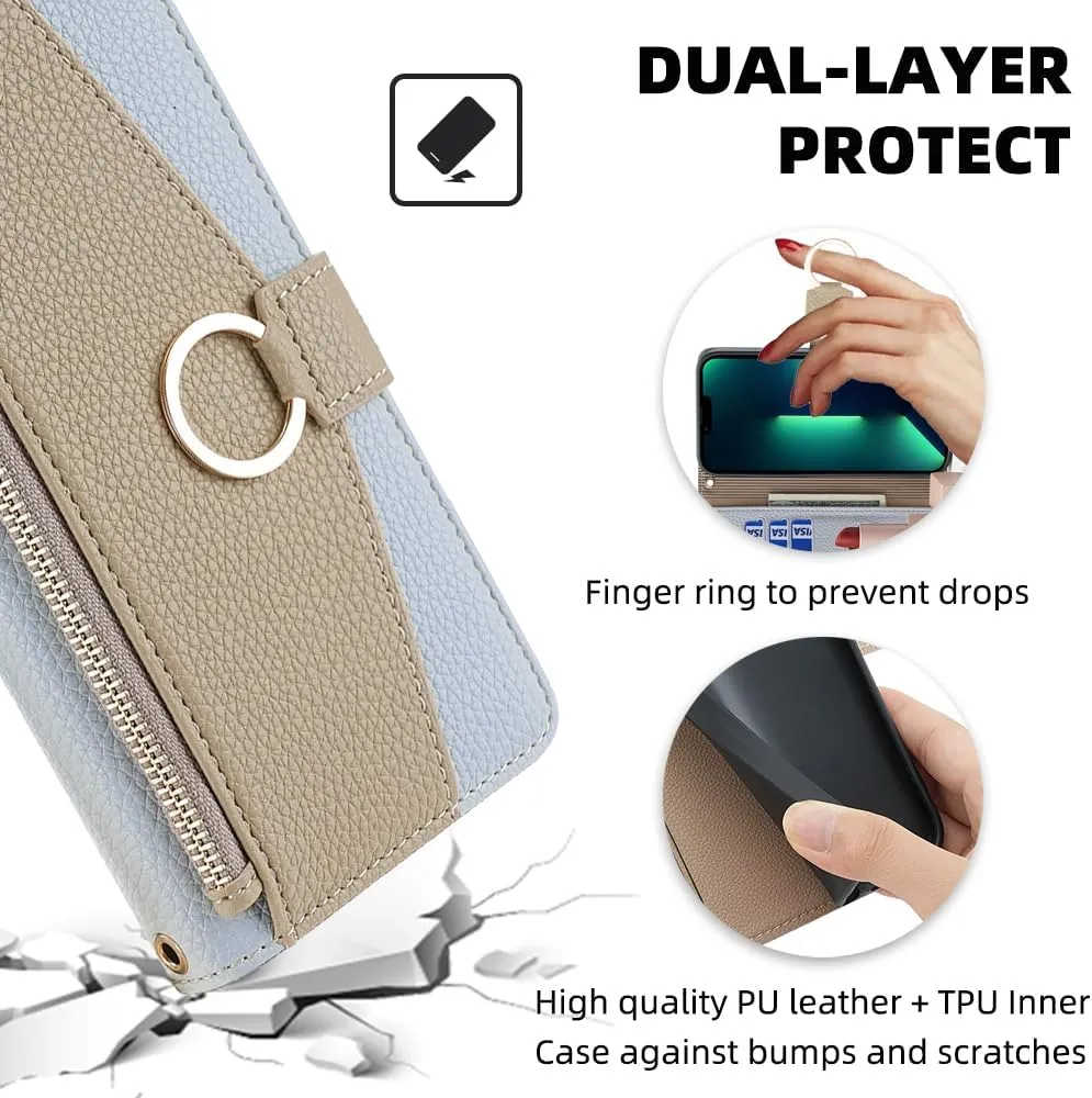 Wallet Case with Crossbody Strap Compatible for Apple iPhone 16e, Magnetic Handbag Zipper Pocket Cases PU Leather Flip Cell Phone Holster Cover with Kickstand, Blue