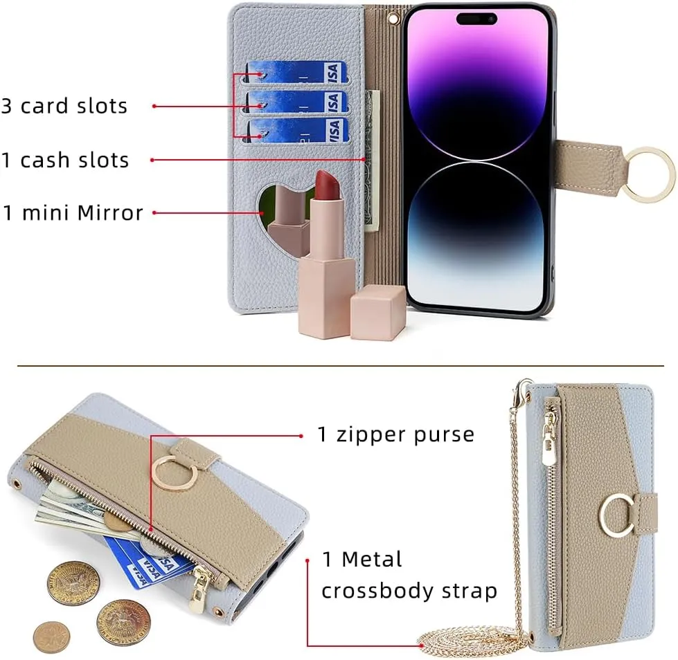 Wallet Case with Crossbody Strap Compatible for Apple iPhone 16e, Magnetic Handbag Zipper Pocket Cases PU Leather Flip Cell Phone Holster Cover with Kickstand, Blue