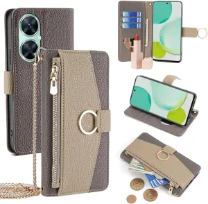 Wallet Case with Crossbody Strap Compatible for Huawei Mate 7 Mini/Honor 5X/GR5, Magnetic Handbag Zipper Pocket Cases PU Leather Flip Shockproof Cover with Kickstand Gray