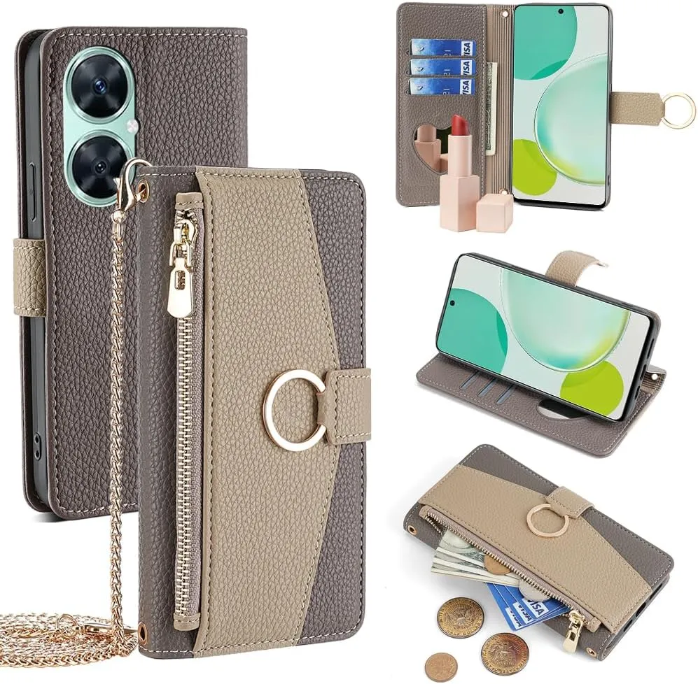 Wallet Case with Crossbody Strap Compatible for Huawei Mate 7 Mini/Honor 5X/GR5, Magnetic Handbag Zipper Pocket Cases PU Leather Flip Shockproof Cover with Kickstand Gray